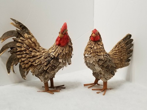 UNIQUE VINTAGE PAIR 7.5" X 7.5" CHICKEN & 8.5" X 9" ROOSTER HANDMADE OF BARK - Bild 3 von 10