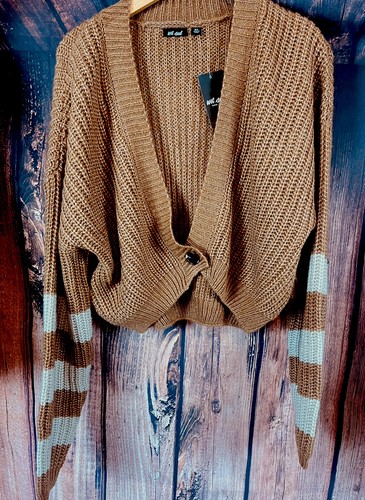 SELLO HÚMEDO MUJER CAMEL Y CREMA RECORTADO CUELLO EN V CARNIGAN DELANTERO TALLA XL NUEVO CON ETIQUETA - Imagen 7 de 7