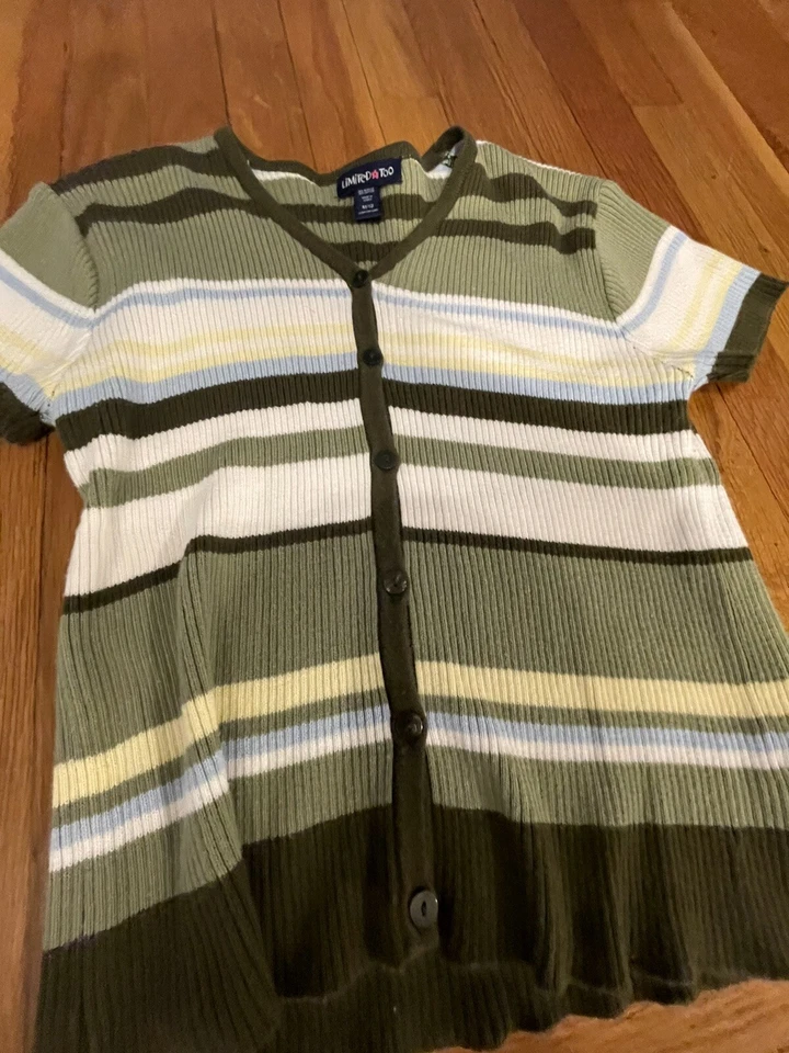 Vintage Limited Too Girls Sz 12 Short Sleeve Green Striped Cropped Cardigan 90s - Image 3 of 4