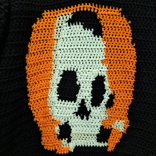 Handmade Crocheted V-neck Skull Sweater Halloween Orange Black Oversized Plus 3X - Picture 2 of 7