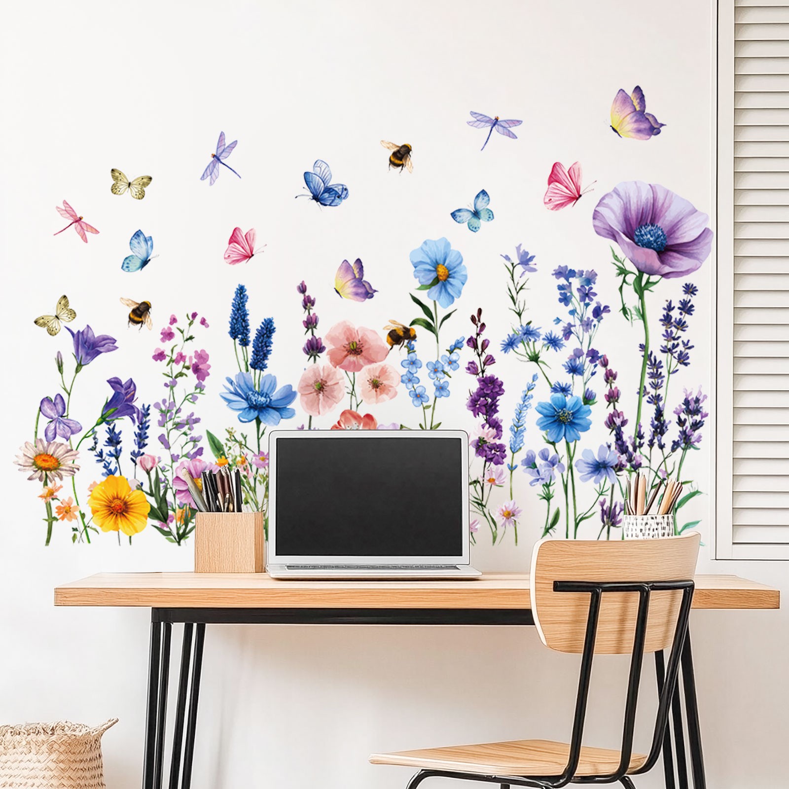 Watercolor Floral Wall Stickers with Colorful Dragonflies, Peel and Stick Mural