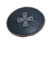 Metal Leather Cowhide Belt Buckle Spain Unisex Silvertone Brown 3.5  X2.75  