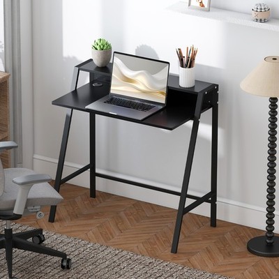 2-stufiger Arbeitsplatz Computer Laptop Schreibtisch Home Office Tisch mit Ablage Schwarz