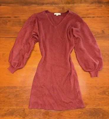 francesca's XS Burgundy Solid Knit V-Neck Puff Long Sleeve Stretch Short Dress