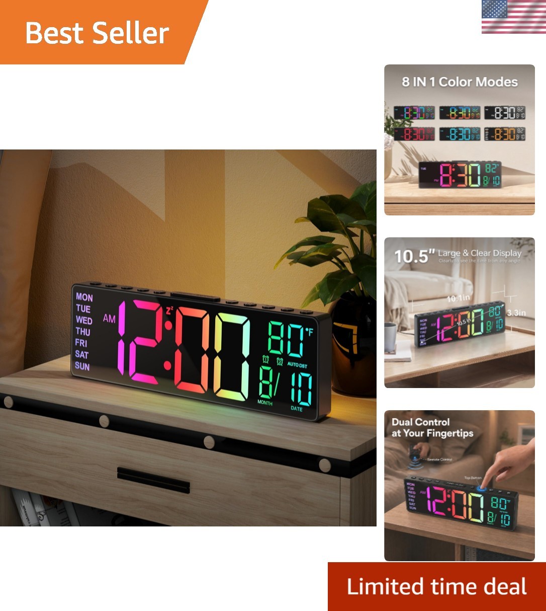10.5'' Large Digital Alarm Clock with Big LED Number for School Classroom, Re...