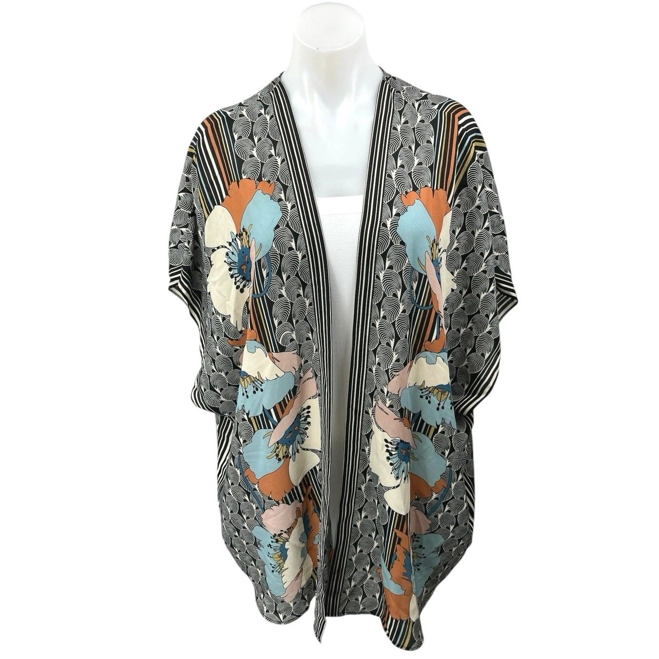 Max Studio Black Floral Striped Kimono Poncho Cardigan Duster Sweater Top Size S