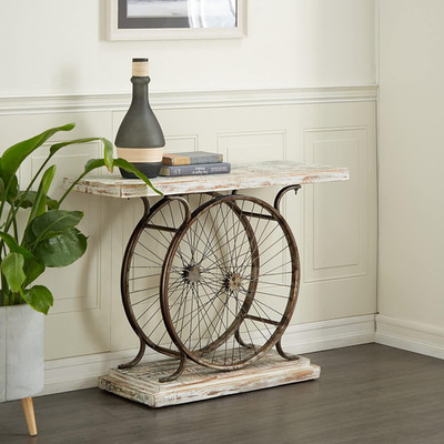 Deco 79 Wood Bike Wide Slatted Top Console Table with Dual Wheel Frame and Tiere