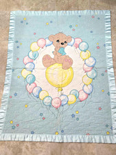 Precious Moments Baby Blue Blanket Teddy Bears Balloons Stars Print