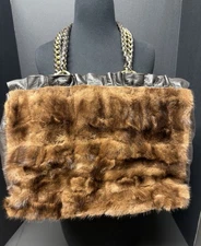 PAOLO MASI Mink Fur Chain Handbag Tote Bag Purse Embossed Leather in Brown EUC