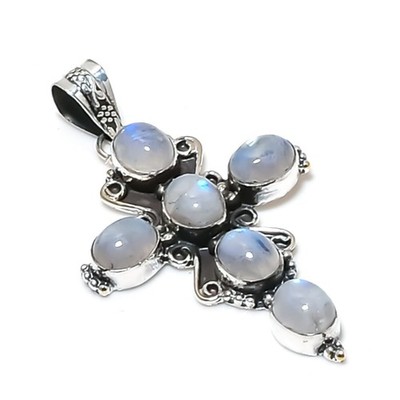 Rainbow Moonstone Gemstone Handmade 925 Sterling Silver Jewelry Cross Pendant