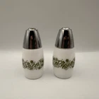 Westinghouse Vintage Salt and Pepper Shaker Set Milk Glass Green Floral Chrome