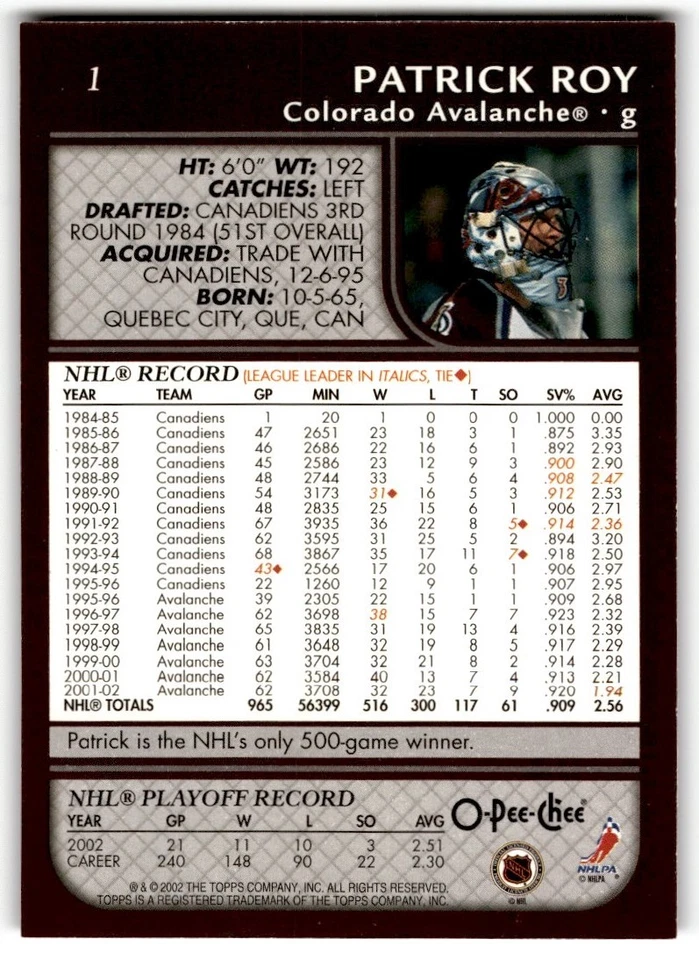 Patrick Roy 2002-03 O-Pee-Chee #1 Colorado Avalanche - Image 2 of 2