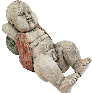 Reclining Asian Baby on Melon Sleeping Infant VTG Antique Carved Solid Wood