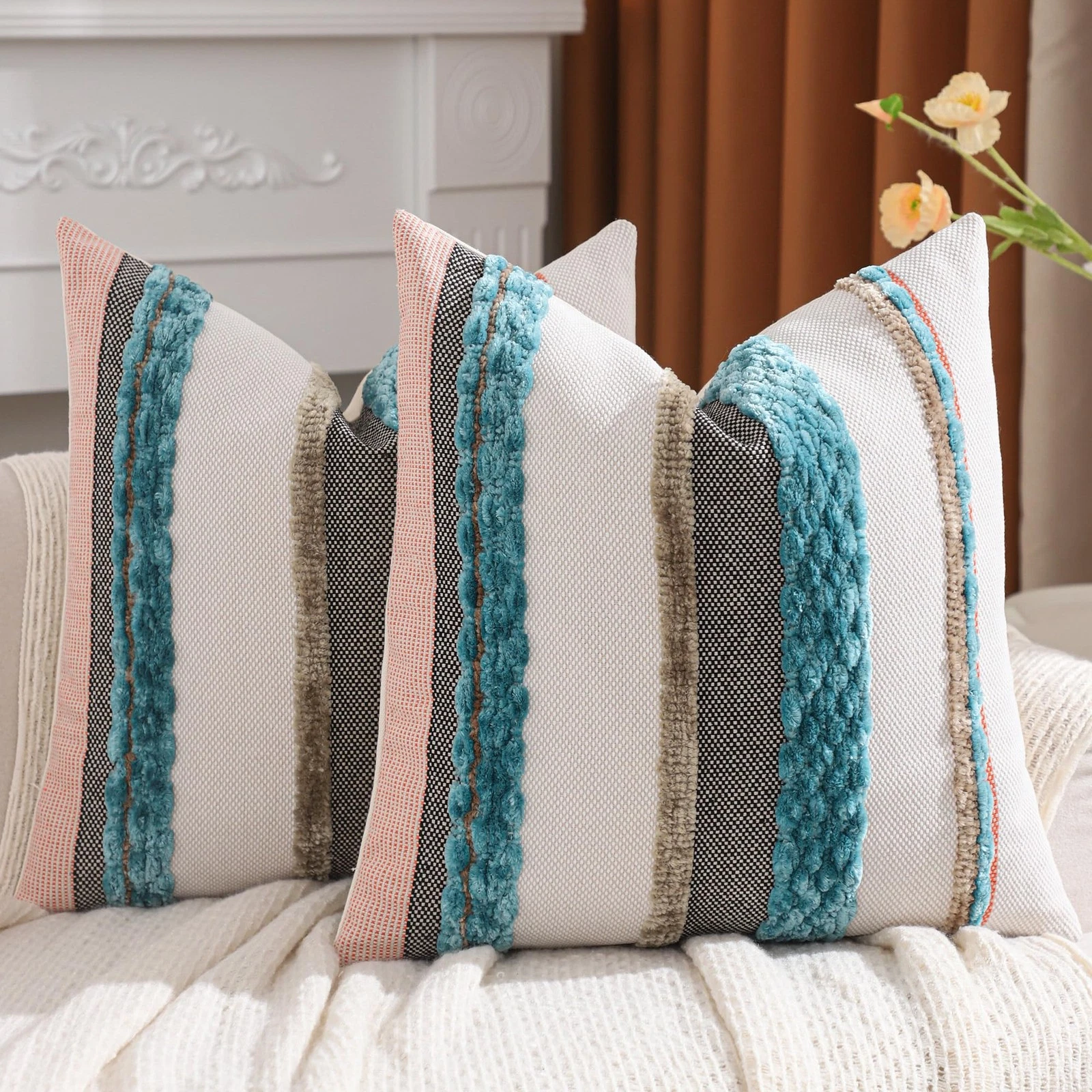 Tosleo Turquoise Pillow Covers 18x18 Set 18" x (Pack of 2), Blue Stripe