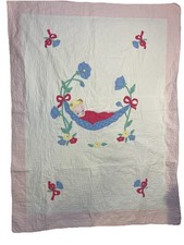 VTG Handmade Baby Quilt Cotton Floral Pink Cottage Embroidered Appliqu  41X53  