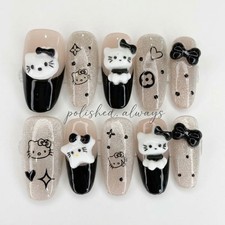 Oval Press-On Nails, Silver Champagne French Tip, Kawaii Kitty 3D Charm Handmade