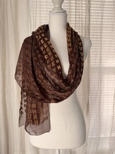 Authentic Fendi Brown And Gold Logo Print Rayon/Silk Scarf