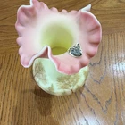 Fenton Hand Painted Art Glass Vase Pink Ruffled Edge Tree Theme Signed K. Lemley