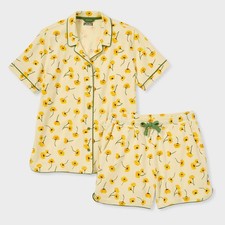 Duluth Women's Plus Cotton Knit Printmaker Short Pajama Set, Yellow Poppy Print