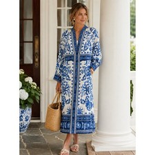 Caroline Constas Bette Maxi Dress Blue White Floral Linen Blend Button Front L