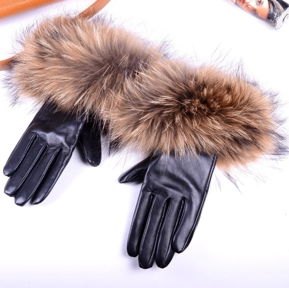 Women's Winter Warm 100% Real Raccoon Fur Leather Touch Screen Lambskin Gloves