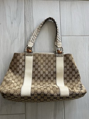 Gucci Beige/White GG Canvas Medium Bamboo Braided Shoulder Bag