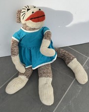 Adorable 1950s Vintage Hand Made Sock Monkey Doll with Dress 15"