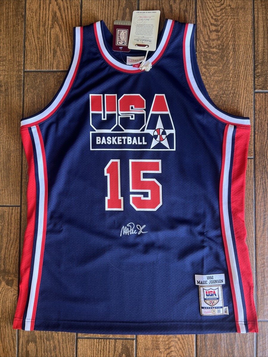 Magic Johnson Autographed Team USA Mitchell Ness Authentic Jersey