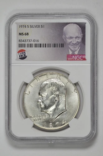 1974 S $1 Silver Eisenhower Dollar NGC MS 68 with Exclusive Label and New Holder