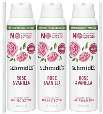 Schmidt's Natural Deodorant Spray Rose & Vanilla Aluminum Free 3.2oz- 3pks