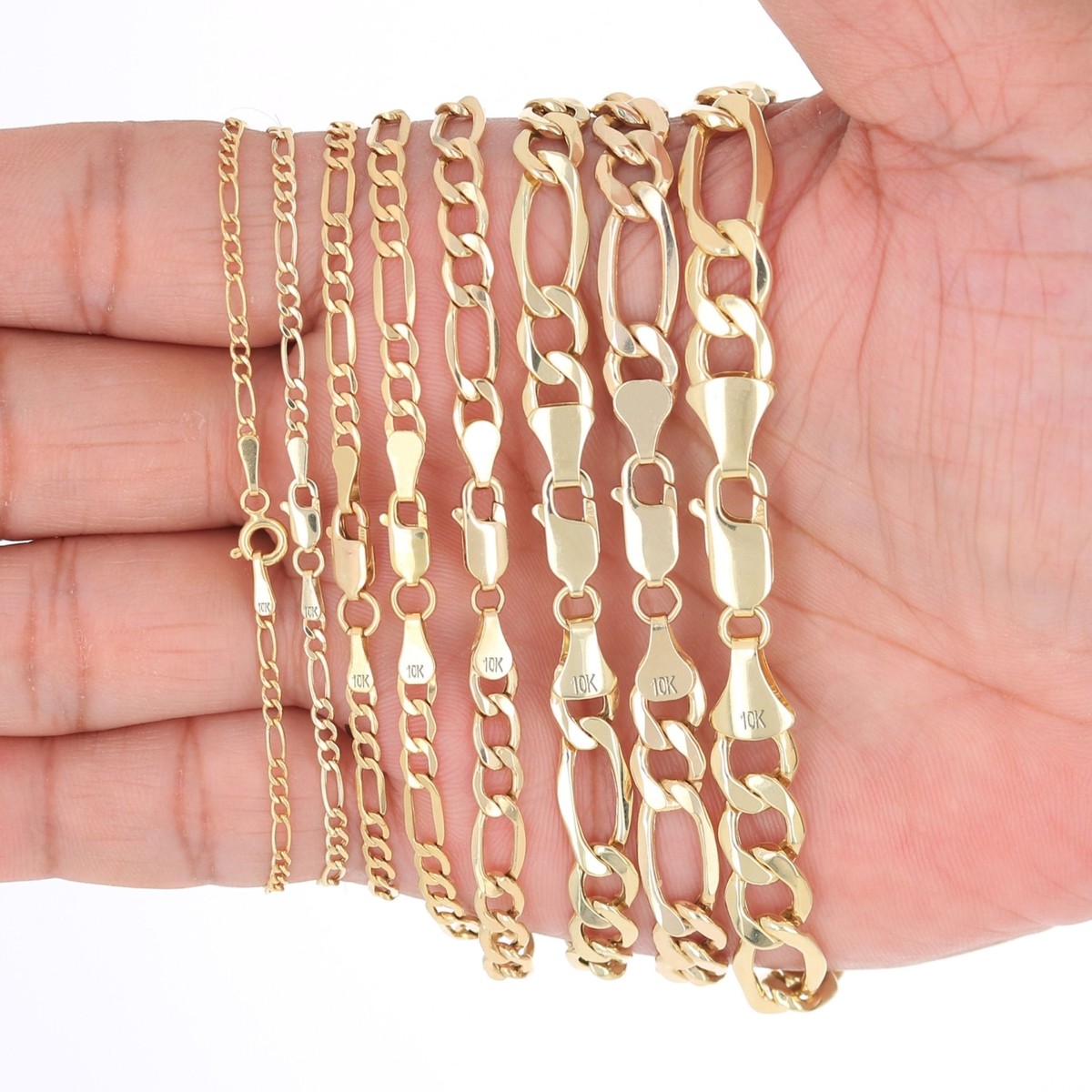 10K Real Yellow Gold 2mm-9mm Figaro Chain Link Pendant