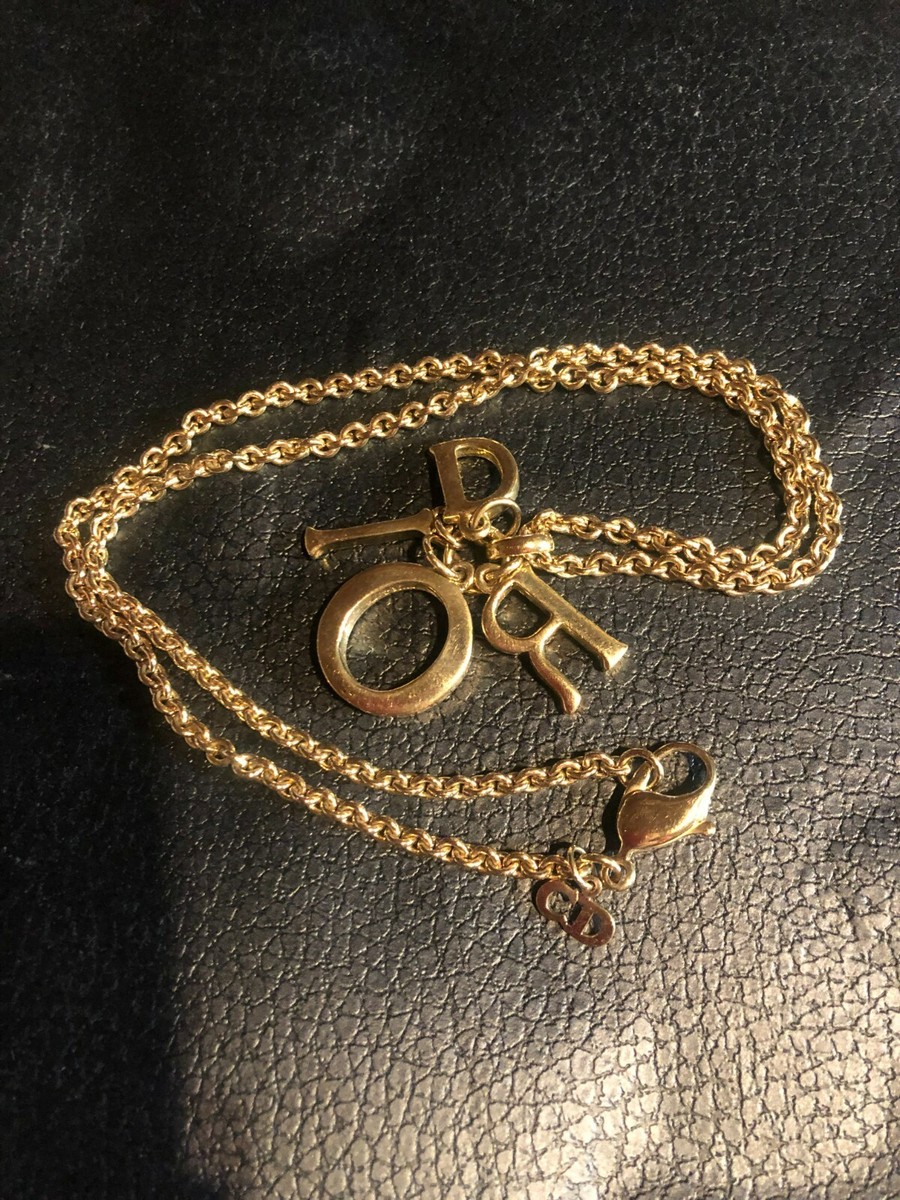 CHRISTIAN DIOR Necklace Chain AUTH Logo CD Vintage Gold Rare