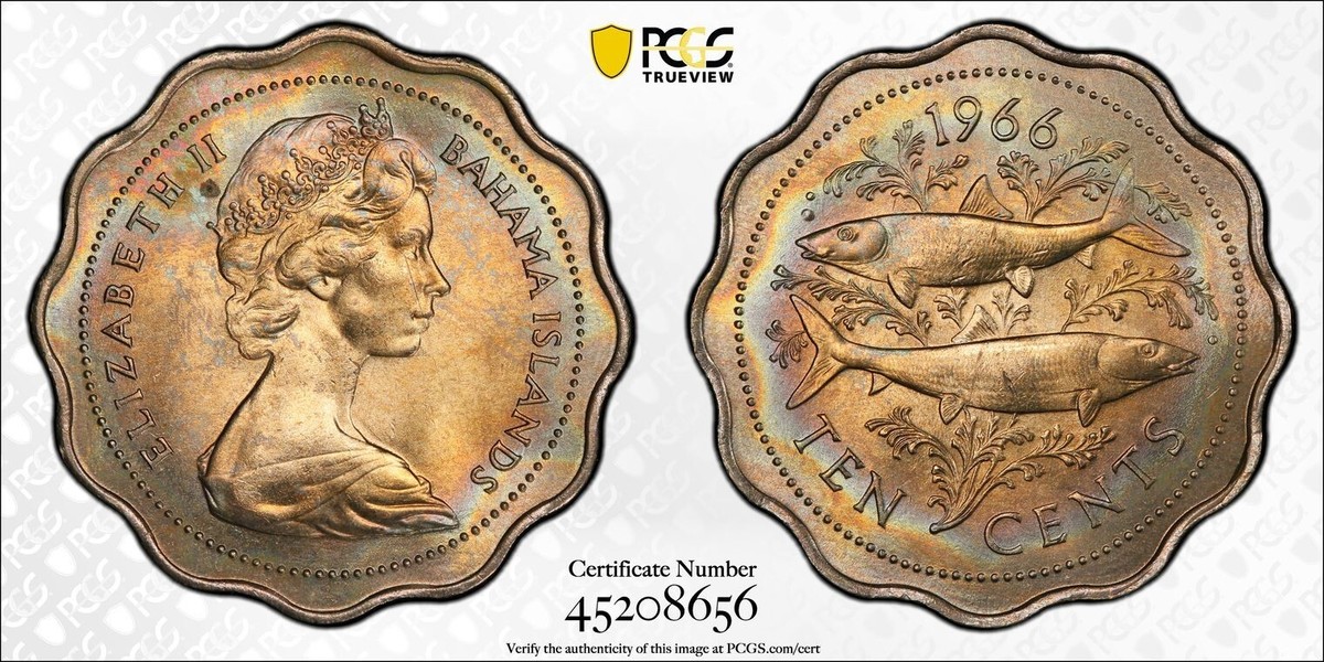 MS64 1966 Bahamas 10 Cent Wavy Edge, PCGS Secure- Pretty Rainbow