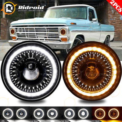 Pair 7''Inch LED Headlights Halo DRL For Ford F-100 F-250 F-350 Pickup 1953-1977