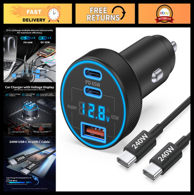 130W 3-Port USB C Fast Car Charger with Voltage Display, Type C Adapter + 240W C