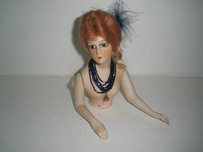 Vtg Bisque Half Doll Enamel Eyes Mohair Wig Jointed Arms 5.5'' 0/6 B Pincushion