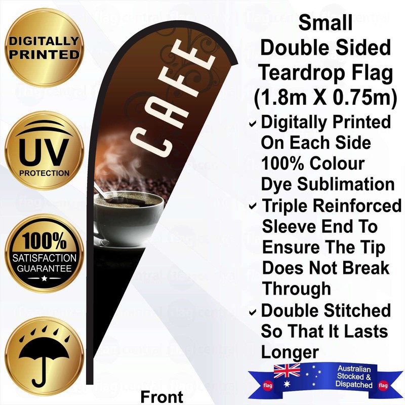 F - CAFE Deluxe Double-Sided Brown 2.4m Teardrop Flag / Banner Kit with Pole Set, Galvanised Steel Ground Spike, Steel Outdoor Cross Base, Free 15kg Water Bag and a Free Carry Bag - 1