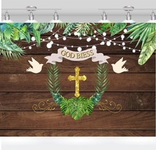 First Holy Communion Backdrop, 7x5FT, Wooden Boards, Flowers, God Bless