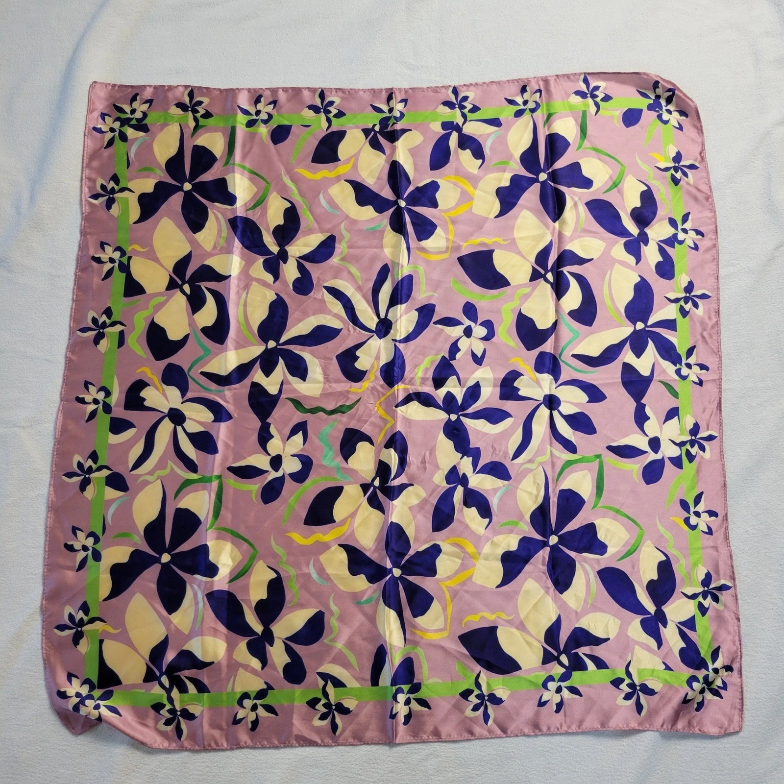 Purple Floral Square Scarf Satin Blue Cream Green Flower Print 28x28 NWOT