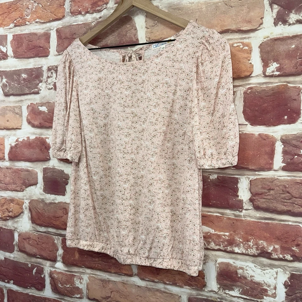 Camisa corta C&C California para mujer M rosa multicolor floral abstracta nuca con corbata Foto 3 de 4