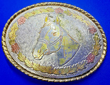 Horse Head Flower Etched Ornate Western Rodeo Cowboy Belt Buckle W USA