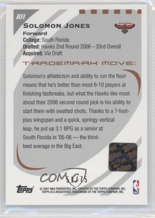 2006-07 Topps Trademark Moves Level 2 Foil /75 Solomon Jones #101 Rookie Auto RC - Image 2 of 2