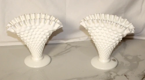 Fenton Hobnail White Milk glass fan vase set of two 5 3/4" tall