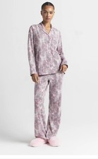 SKIMS Pink Animal Print Pajama Set Button Front Top Pants NWT Size L Lounge