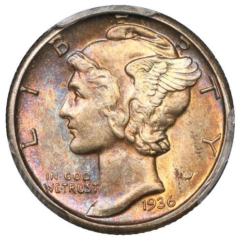 1936-D Mercury Silver Dime PCGS MS-64 Rainbow Toned End Roll Album Two Sided