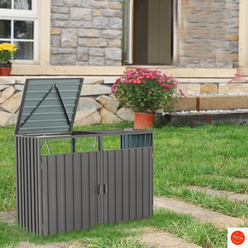 Metal Garbage Bin Shed for 2 Trash Cans, Galvanized Steel, Grey, Outdoor Storage