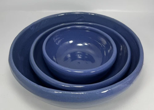 Set of 3 Vintage Bybee Pottery Blue Bowls 9 3/4”, 7 1/2”, 5 3/4” Handmade USA