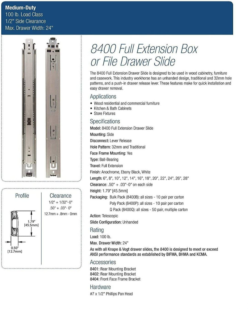 Knape & Vogt 8400P Side Mount Full Extension Drawer Slide 18-Inch Pair