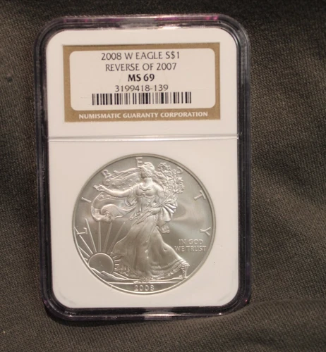 2008 W REVERSE OF 2007 SILVER EAGLE. NGC MS69. OLD BROWN LABEL  NO RESERVE!
