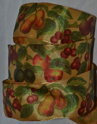 Wired Ribbon~Apple~Pear~Plum~Cherry~Tuscan Fruit~2''~Wavy~Green~Tan~Short~Bow
